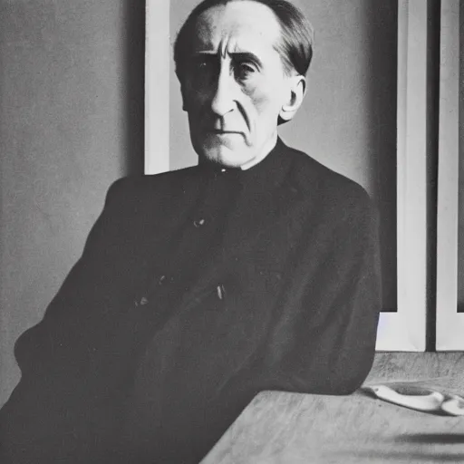 Prompt: underexposed photo of Marcel Duchamp in a room with an ancient machine, Kodachrome, Edward Weston and Gustave Doré, in the style of Akira Kurosawa, archival pigment print, contemporary art
