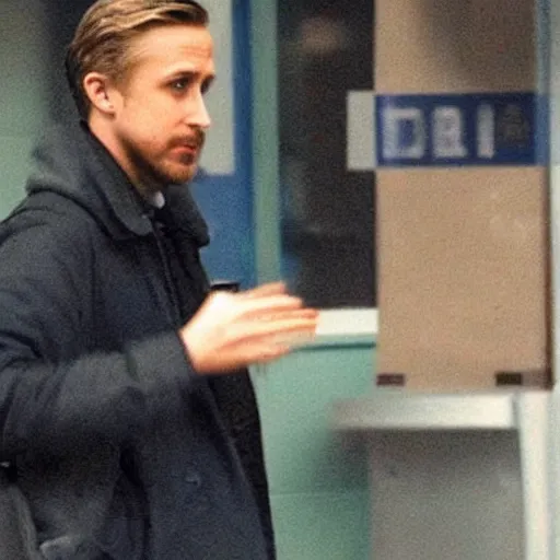 Image similar to CCTV footage of Ryan Gosling robbing a bank, recording tv static