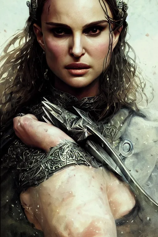 Image similar to natalie portman, legendary warrior, heroic, lord of the rings, tattoos, decorative ornaments, battle armor, by carl spitzweg, ismail inceoglu, vdragan bibin, hans thoma, greg rutkowski, alexandros pyromallis, perfect face, fine details, realistic shading photorealism