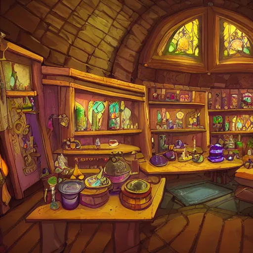 Image similar to inside a magical item shop, fantasy potion vendor interior, ufotable studio art style, wide angle, gothic interior