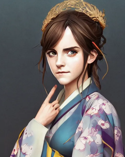 Image similar to An anime portrait of Emma Watson as a beautiful woman wearing a kimono from Skyrim, by Stanley Artgerm Lau, WLOP, Rossdraws, James Jean, Andrei Riabovitchev, Marc Simonetti, and Sakimichan, trending on artstation