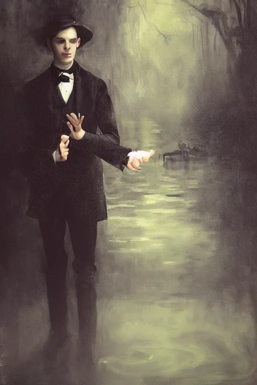 Image similar to detailed cinematic moody colors studio portrait of a young victorian gentleman being controled like a puppet, creepy malevous vibe, water lilies, high quality by jeremy mann, only one head single portrait