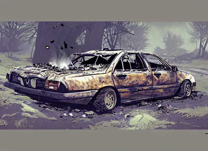 Prompt: burning wrecked mercedes 1 2 4, pixelart by kirokaze, award winning. dramatic. trending on artstation, low resolution sync, by monochrome game boy games