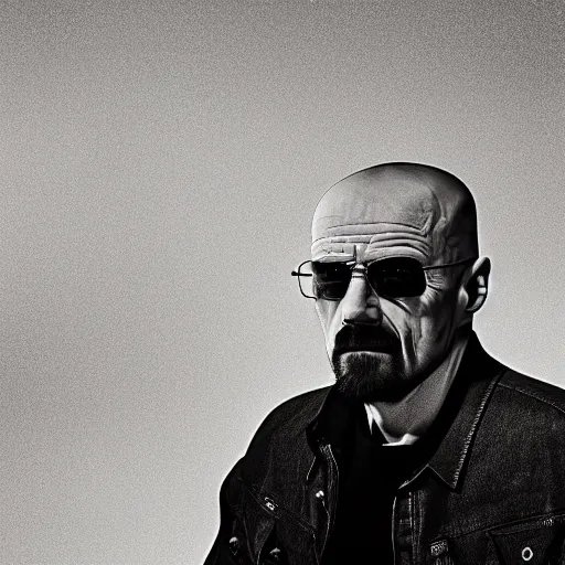 Prompt: walter white sat on his chair infront of cocaine, extreme detail, studio light, photorealistic, gritty, movie still, cinematic, smoke, soft focus, well edited, 8 k, sunglasses, atmospheric, dark, leather jacket