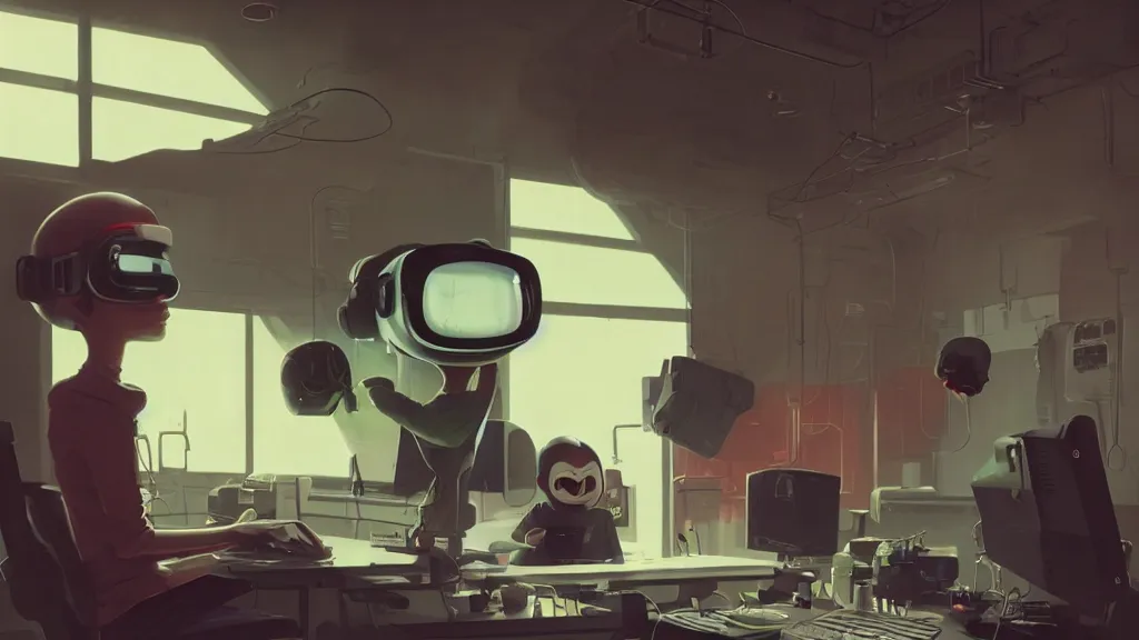 Image similar to happy hacker at a computer in a vr mask in a scifi movie, by jamie hewlett, nuri iyem, james gurney, james jean, greg rutkowski, anato finnstark. pixar. hyper detailed, 5 0 mm, perfect faces