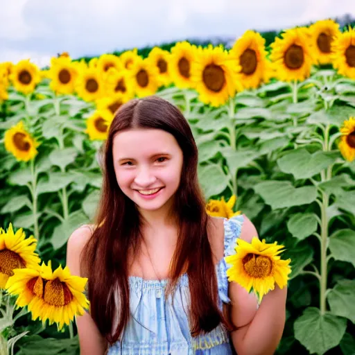 Image similar to Portrait, Photo of a Ukrainian girl Smiling at the camera, Beautiful pretty young, flowers in her dark hair, Scene: Sunflower field, Colors: Yellow sunflowers, blue cloudy sky, In a style of Real-Life Natural Photo