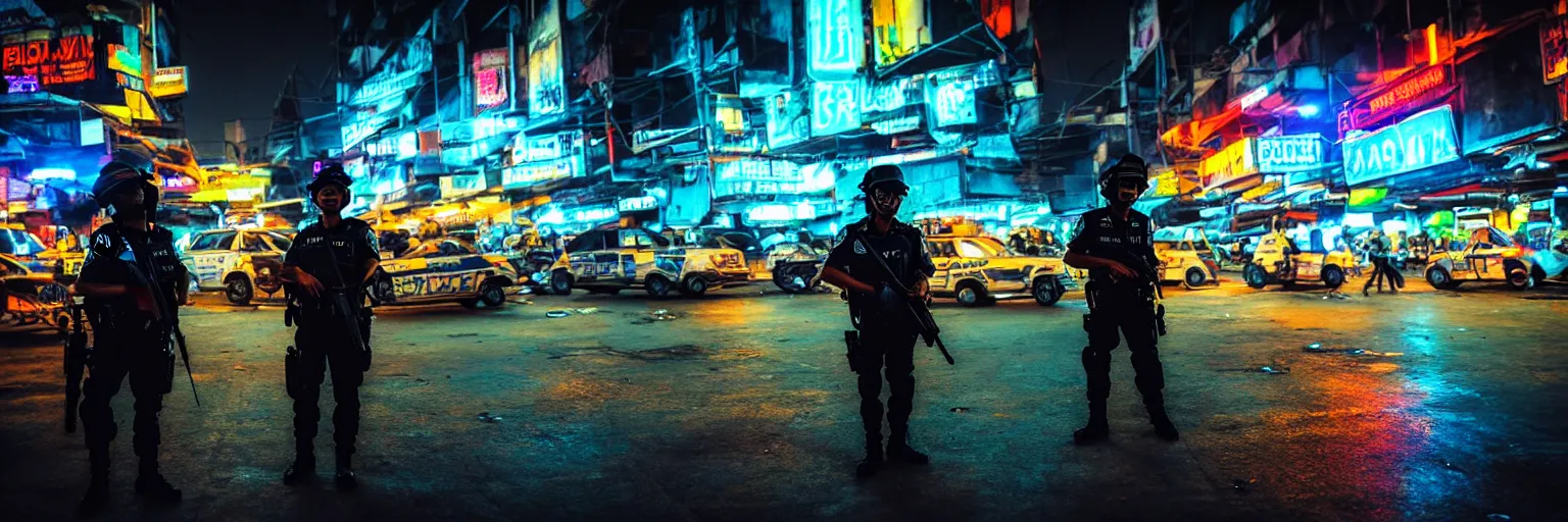 Image similar to Cyberpunk Police, futuristic Phnom-Penh Cambodia, neon dark lighting