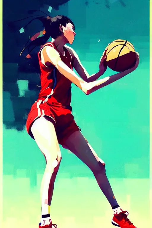 Image similar to a ultradetailed beautiful panting of a woman playing basketball, by conrad roset, greg rutkowski and makoto shinkai, trending on artstation