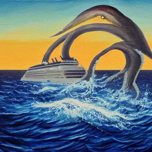 Image similar to A giant squid destroying a cruise ship in the middle of the ocean, oil painting