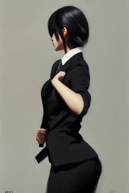 Prompt: a ultradetailed beautiful panting of a stylish woman wearing a black loose fit suit with a tie, oil painting, by ilya kuvshinov, greg rutkowski and makoto shinkai, trending on artstation