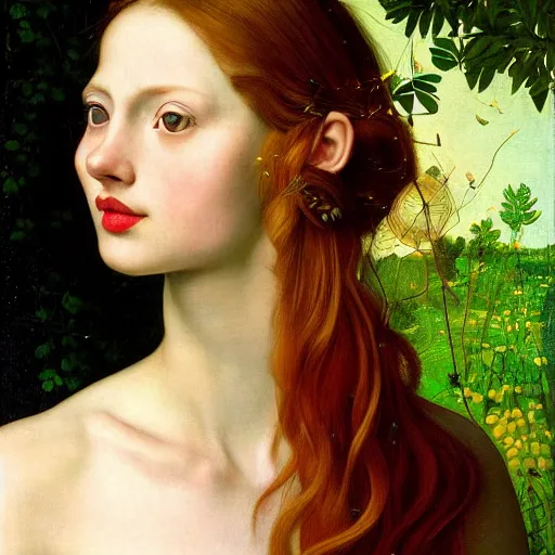 Image similar to a highly detailed portrait, red haired young woman, among golden fireflies, amid nature, long hair, green eyes, hint of freckles, round gentle face, cheeky smile with red lips, deep focus, elegant, digital painting, smooth, sharp, golden ratio, illustration, art by artemisia lomi gentileschi, caravaggio and artgerm