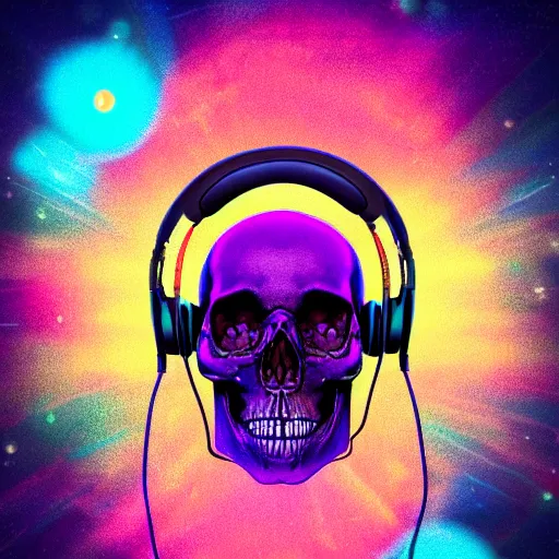 Image similar to human skull with headphones, retrowave, synthwave, psychedelic background with sacred geomerty elements in style of alex gray, digital art, artstation