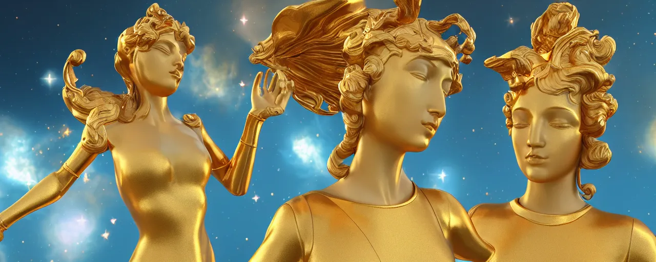 Image similar to saint woman, venus, athena, beautiful, gracious, baroque marble and gold, space, sistina, stars, puffy clouds, tilt shift, 3 d style light refraction, light reflection, real texture effect, extremely detailed, avantgarde, render, artstation