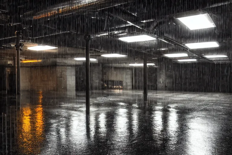 Prompt: views of underground car garage, new york downtown covered with rain, dark lighting, photo real, highly detailed