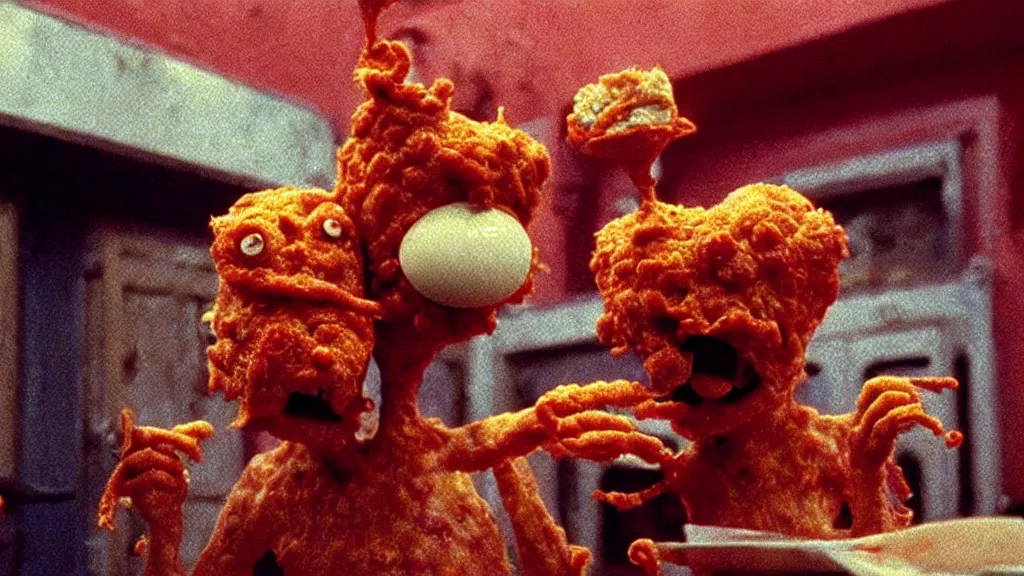 Image similar to the pizza creature eats, film still from the movie directed by wes anderson and david cronenberg with art direction by zdzisław beksinski and dr. seuss