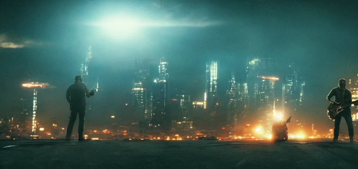 Prompt: The wide shot of Godzilla playing on guitar while aliens destructs the night city, UFO on the horizon line, by Lubezki, Christopher Doyle and David Lynch, anamorphic 35 mm lens, cinematic, anamorphic lens flares 4k