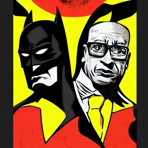 Image similar to batman versus gus fring, poster, movie poster, facing each other, side angle, imax, highly detailed, cel-shaded