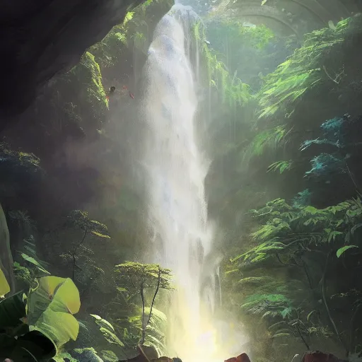 Image similar to an astronaut in a front of a large waterfall in a tropical forest, trending on artstation, masterpiece by greg rutkowski by ross tran by fenghua zho