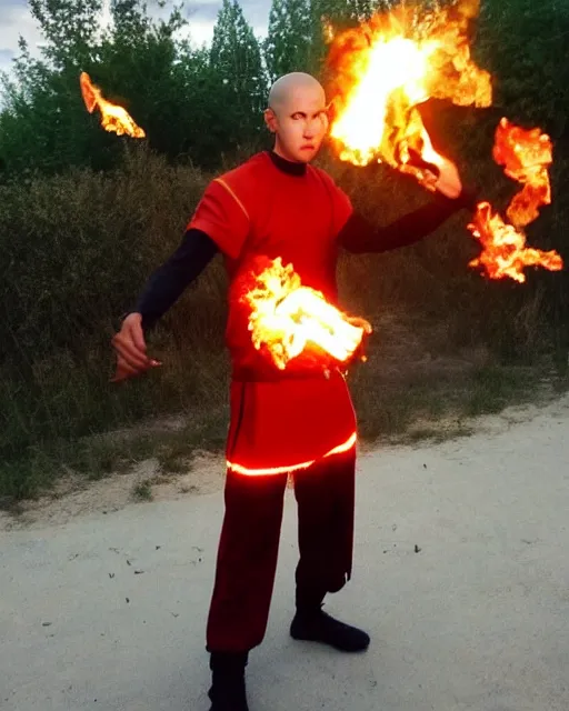 Prompt: [ [ [ [ [ [ squidward ] ] ] ] ] wearing fire nation clothing and practicing firebending outside at susnset