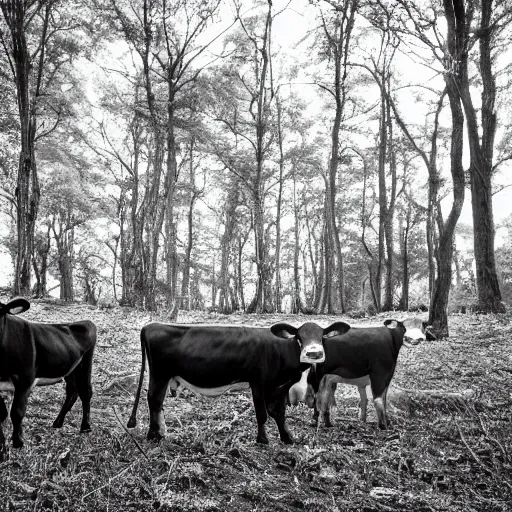 Prompt: DLSR photograph of several cows looking at the camera, in creepy forest, night-time, low lighting, eyes glinting