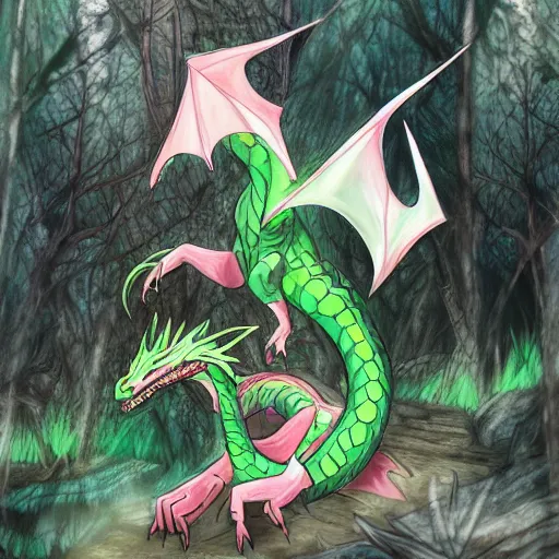 Image similar to a mulitcolored dragon roaming the forest, trending on pixiv