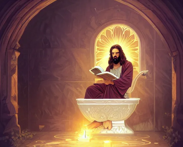 Image similar to photography of jesus christ sitting on a toilet reading manga, deep focus, d & d, fantasy, intricate, elegant, highly detailed, simple background, digital painting, artstation, concept art, matte, sharp focus, illustration, hearthstone, art by artgerm and greg rutkowski and alphonse mucha