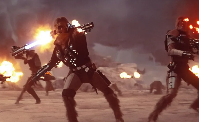 Prompt: still image screenshot portrait of han solo defending wookies on mandalore, badass action scene with laser explosions and sparks, from the tv show mandalorian on disney +, scene in front of a strange building, moody mining planet, at - at imperial walkers, invading kashyyyk, anamorphic lens, 3 5 mm film kodak
