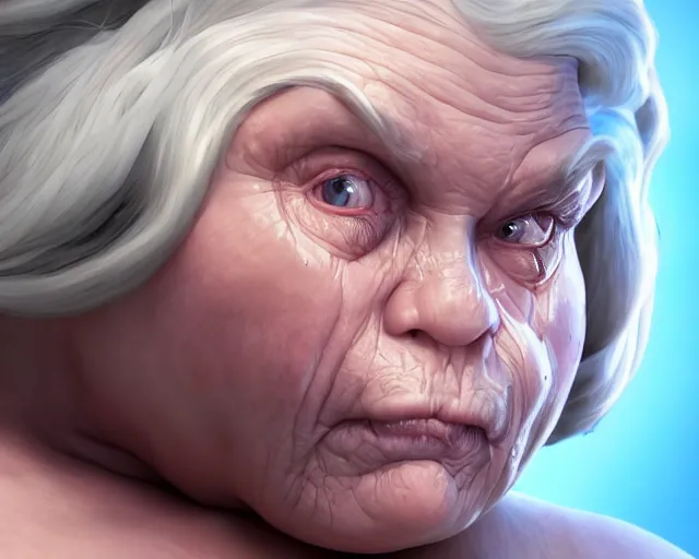 Image similar to of a very beautiful scene. ambient occlusion render. a sweet fat old woman is giving birth to a huge art book. hyper realistic. 4 k. wide angle. wild. symmetrical face, red mouth, blue eyes. deep focus, lovely scene. ambient occlusion render. concept art. unreal engine.