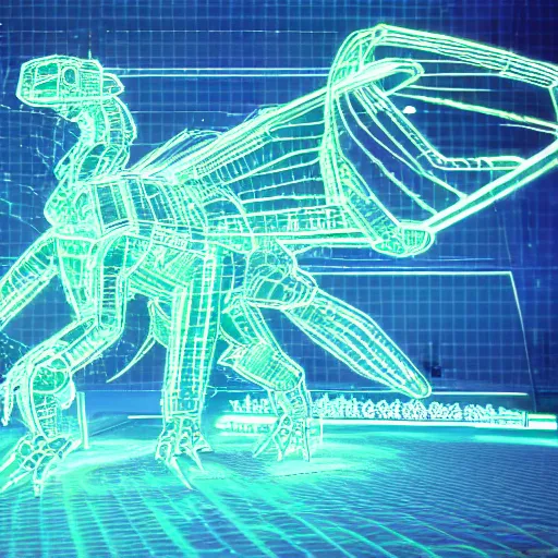 Prompt: A wireframe Mecha dragon, Holographic Projection, Grid, glowing neon, diagram schematic, measurements, hieroglyphics, octane rendered, 16k uhd