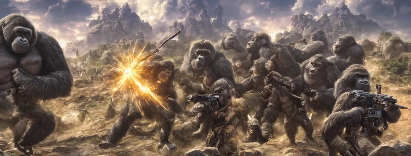 Prompt: calvary soldiers gloriously courageously charging at a giant gorilla throwing rocks. hyperrealistic anime background illustration by kim jung gi, colorful, extremely detailed faces, intricate linework, smooth, super sharp focus, bright colors, high contrast, matte, octopath traveler, unreal engine 5 highly rendered, global illumination, radiant light