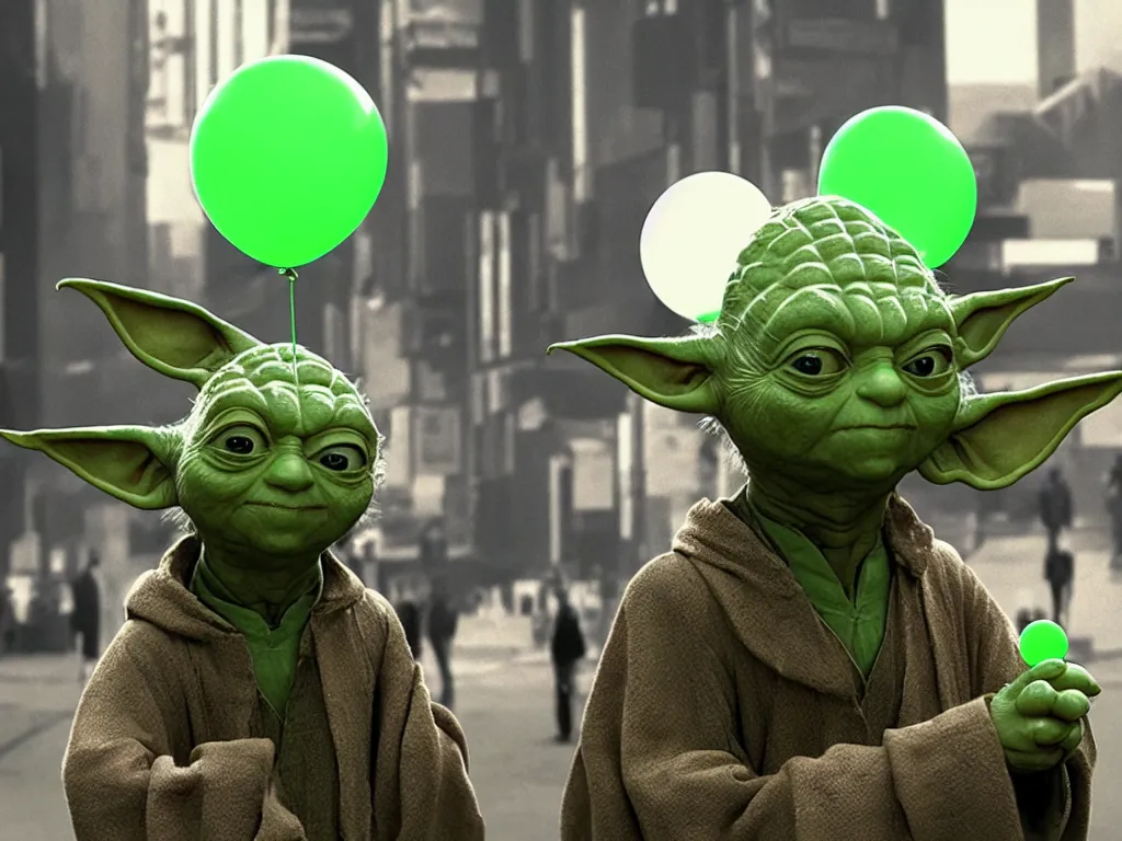 Image similar to a photo of yoda holding a green balloon in the tokyo suburbs by wes anderson, highly detailed, trending on artstation