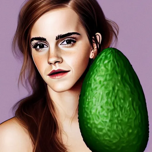 Image similar to portrait of emma watson but her skin is avocado skin