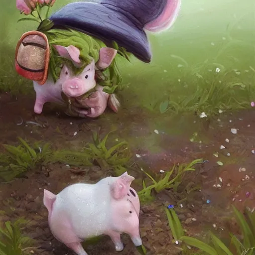 Image similar to cute and adorable miniature piggy 🐖 wearing a cute hat on garden during a summer day, chibi, anime, highly detailed, digital painting, artstation, concept art, smooth, sharp focus, illustration, art by yee chong and sydney hanson and rossdraws and greg rutkowski