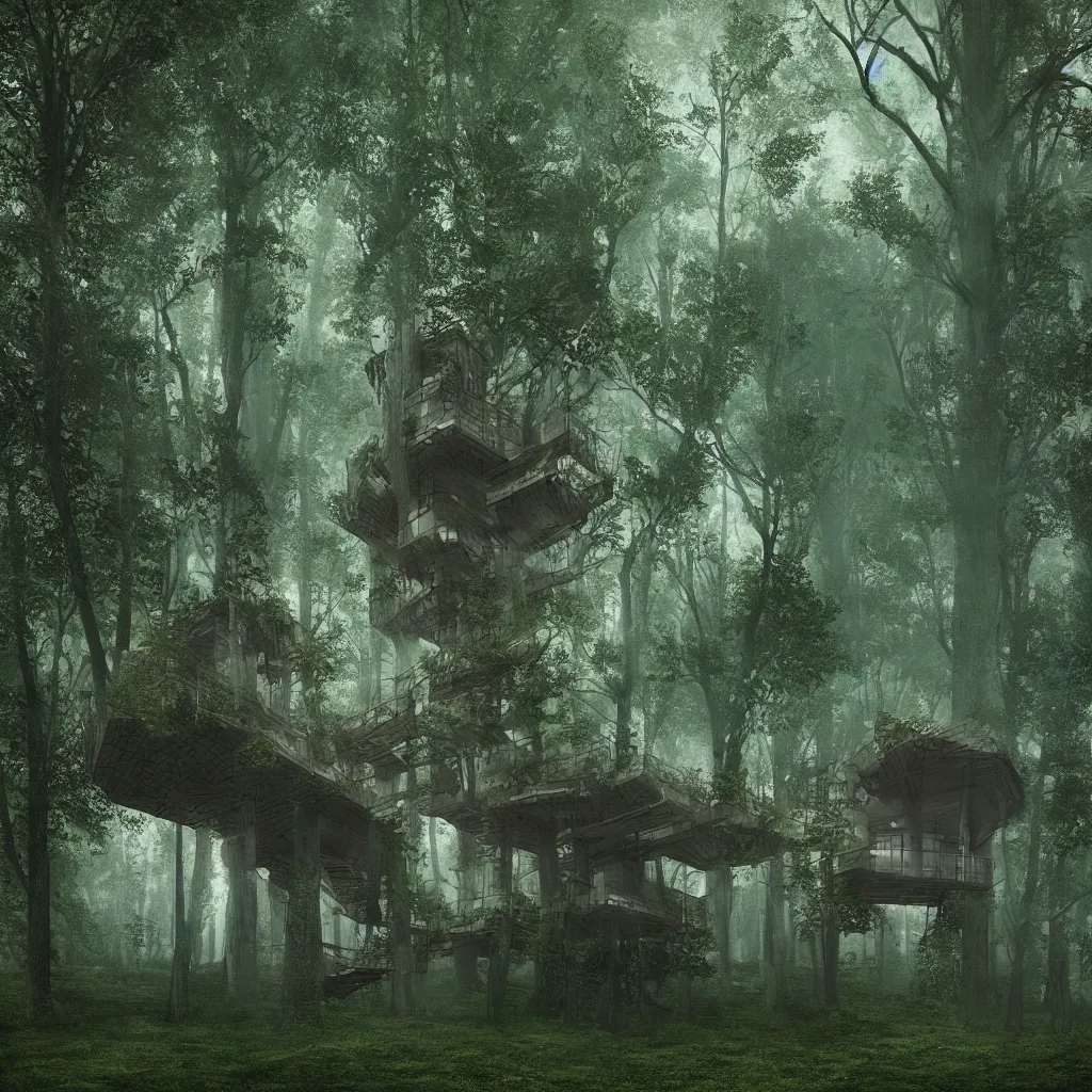 Prompt: “Hyper realistic, tree house, architettura shape of roots, architecture design, dark green tones in the deep forest, foggy, environment, Cinematography, mega scans,cinematic, hyper realistic, photo real, cinematic compositoio, highly detailed, vray, 8k render, high rendering”