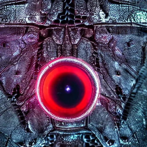 Prompt: close up photo of metal insect with glowing eyes