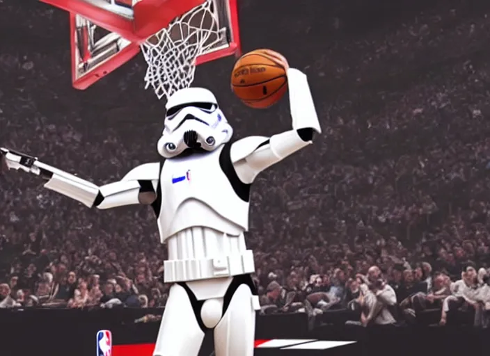 Image similar to ESPN still of Storm Trooper playing in the nba playoffs live on espn, 4k