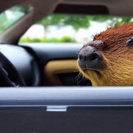 Prompt: Capybara driving a car listening to 'okay, i pull up'