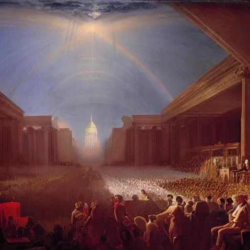 Image similar to congress in the style of john martin, epic, volumetric, painting