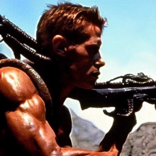 Prompt: tall muscular soldier with rock skin, still from the movie aliens