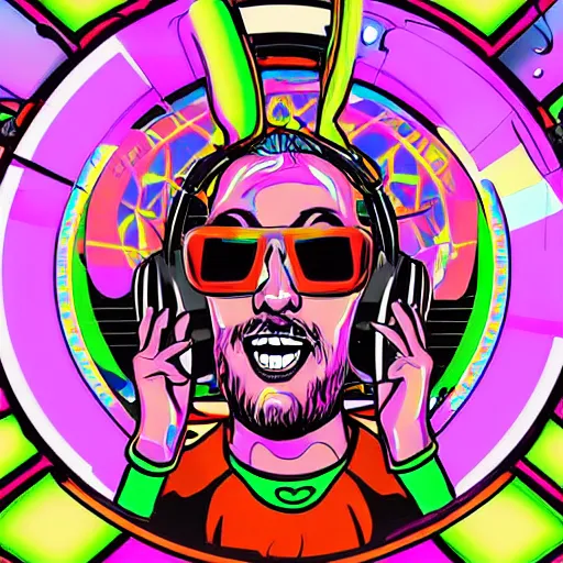 Image similar to svg sticker of a Dancing-Alex-Grey-Psychedelic-Rave-Man, at a rave, spinning records, giant headphones rocking out, wearing headphones, huge speakers, dancing, rave, DJ, spinning records, digital art, amazing composition, rule-of-thirds, award-winning, trending on artstation, featured on deviantart