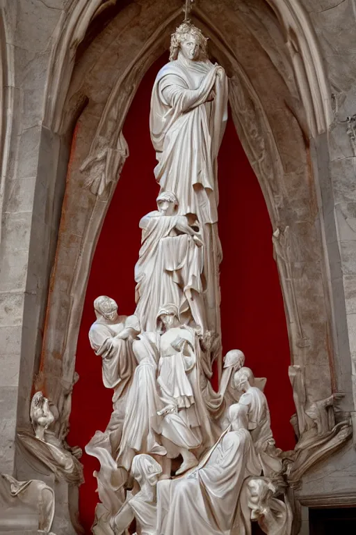 Prompt: a dramatic view of the sacrifice of the priest statue dressed with soft red silk fabric made in heavy marble, with few ornaments in shiny polished stone, sculpted by hedi xandt and antonio corradini