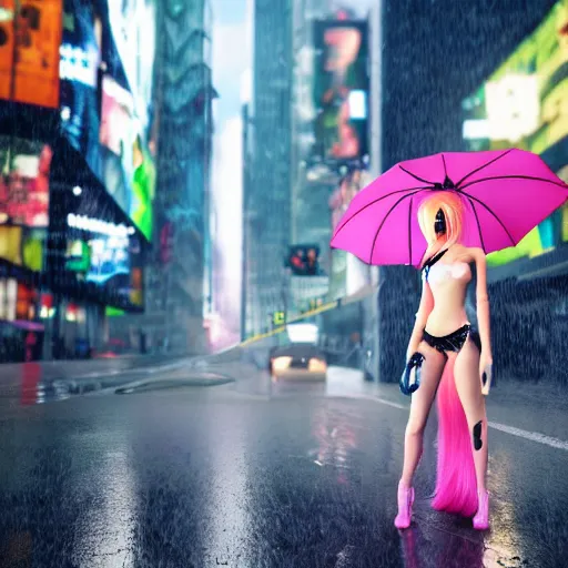 Prompt: full body portrait view of a beautiful girl with umbrella wearing torn bikini and clear raincoat with pink hair in the city of the future, cyberpunk, cybercore, many skyscrapers, fifth element style, hyper-realistic, octane render, realistic, real, street, rain, cinematic, 8k, very intricate, 80's, night,