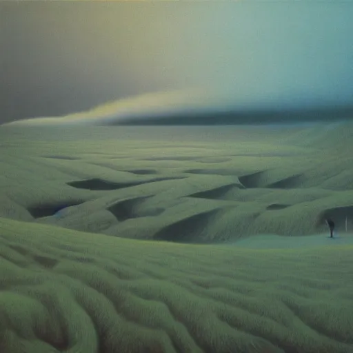 Prompt: an oil painting of a haunting landscape in the style of zdzisław beksiński