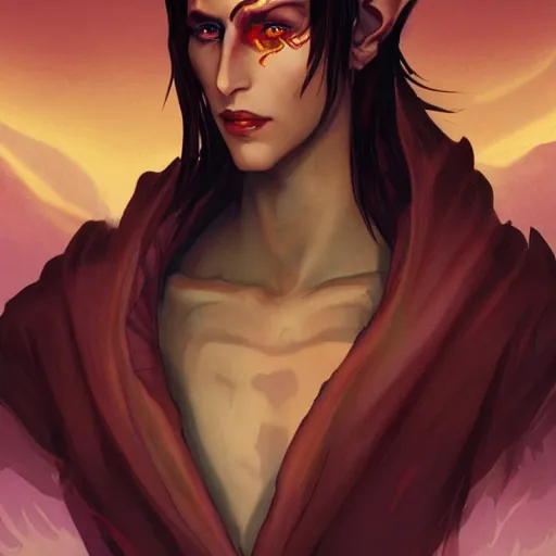 Prompt: dnd character portrait of a tanned half - elf with messy short red hair and yellow eyes with slit pupils, beautiful and androgynous with dark skin, feral, glowing aura, golden hour, wearing a stylish men's suit, by ross tran and gerald brom and alphonse mucha, trending on artstation