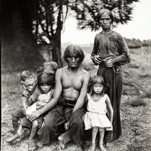 Prompt: a family of Neanderthals photographed by Dorothea Lange