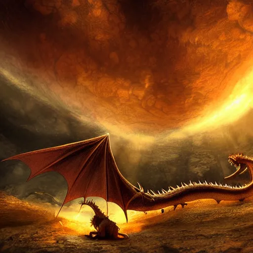 Image similar to family of dragons living in a base on the surface of the sun, digital art, highly detailed, epic composition, wide angle, cinematic lighting