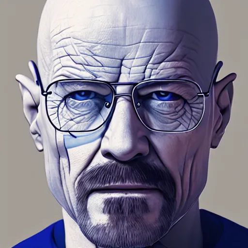 Prompt: Portrait of Walter White, The Alchemist of the Blue Flame, realism, artstation, trending on cgsociety