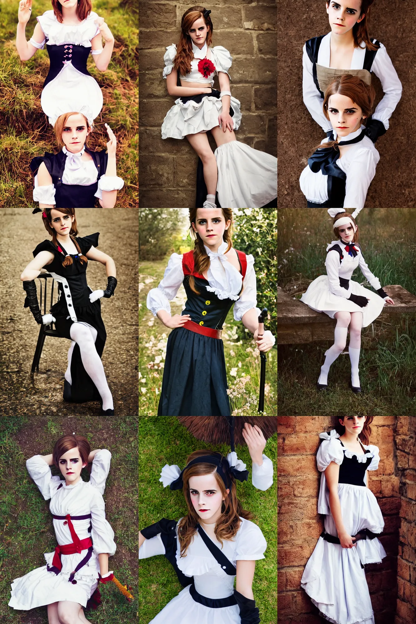 Prompt: emma watson wearing cosplay maid! costume, full body! shot, sitting!!!!, colored, perfect symmetrical face, perfect eyes!!, by charlotte grimm, natural light, detailed face, canon eos c 3 0 0, ƒ 1. 8, 3 5 mm, 8 k, medium - format print