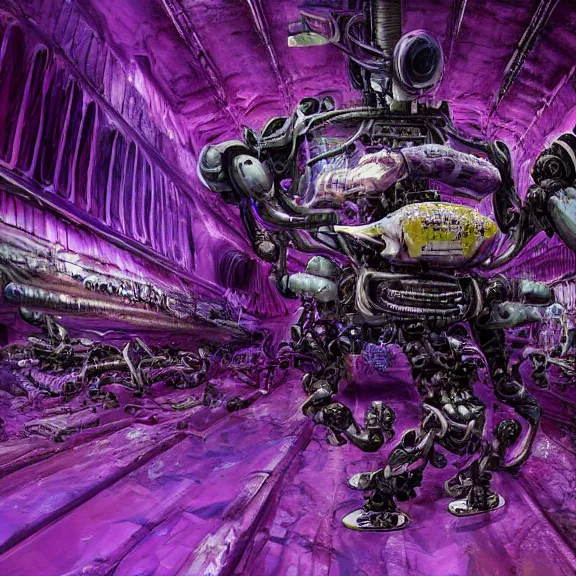 Prompt: detailed shot of inside a cavernous living stomach of a giant robot ((dragon)), the walls purple and pulsing, lots of acid pooling up on the floor, digesting humans that ended up inside, food pov, micro pov, vore, digital art, furry art, high quality, 8k 3D realistic, macro art, micro art, Furaffinity, Deviantart, Eka's Portal, G6