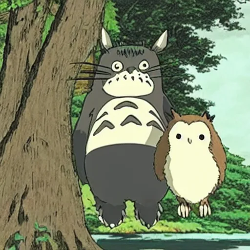 Prompt: still from studio ghibli movie My Neighbor Totoro, Hayao Miyazaki,barn owl in a black suit wearing an office bag going to the office, symetrical face